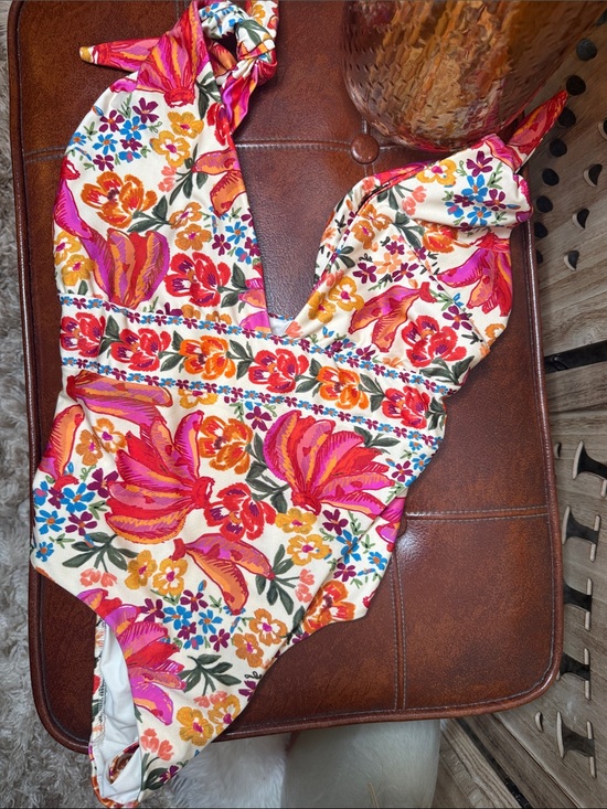 FARM Rio Other - FARM Rio Floral Tie-Shoulder One-Piece - Pink, Orange & White